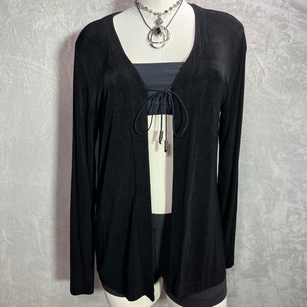 Y2K Womens Black Long Sleeve Open Front Tie Front‎ Slinky Top Size Medium whimsy